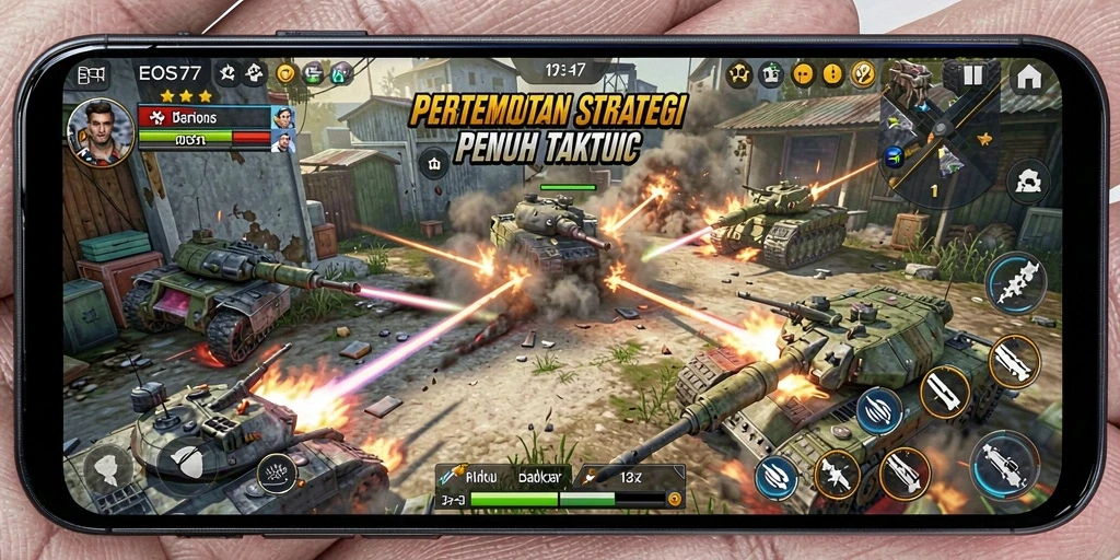Screenshot menunjukkan pertempuran sengit dalam EOS77 dengan strategi SLG.