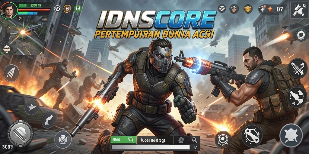 Screenshot gameplay <strong>IDNSCORE</strong> yang menampilkan aksi mendebarkan dan lingkungan perang.