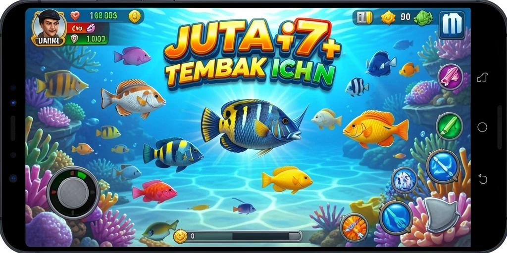Tampilan gameplay JUTA7 dengan ikan berwarna dan senjata yang mengesankan.