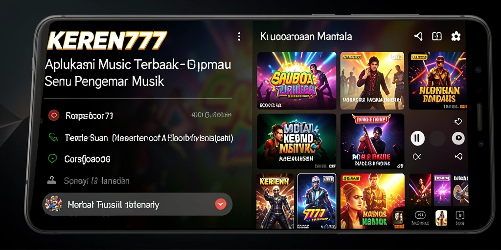 Tampilan intuitif KEREN777 saat bermain musik dengan tampilan lagu dan playlist.