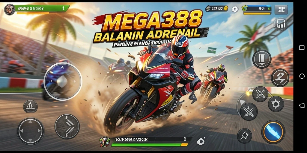 Tampilan aksi seru dalam balapan motor di MEGA388.
