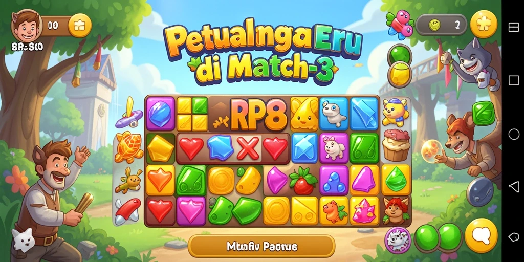 Gambaran gameplay seru RP8 dengan tantangan Match-3 yang mengasyikkan.