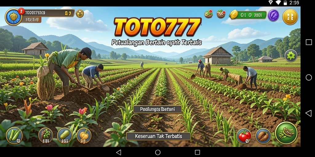 Screenshot utama TOTO777 yang menunjukkan gameplay bertani yang seru.